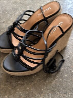 Black Strappy Espadrille Wedge Sandals